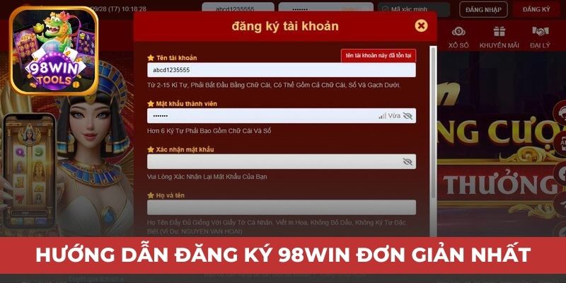 Hướng dẫn đăng ký 98Win đơn giản nhất