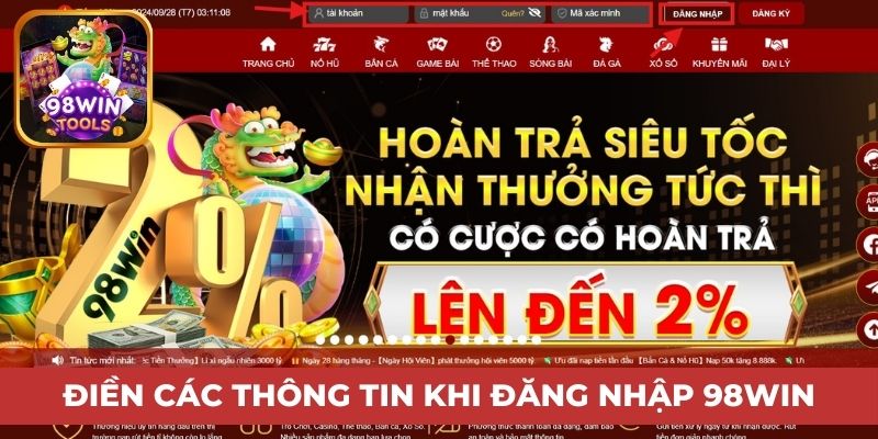 Điền các thông tin khi đăng nhập nhà cái